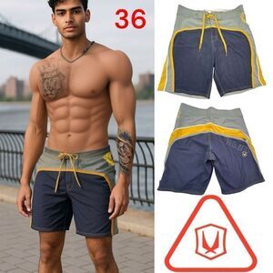 Redsand Men's Colorblock High Waisted Board Shorts Swimwear Gray Yellow Size 36
